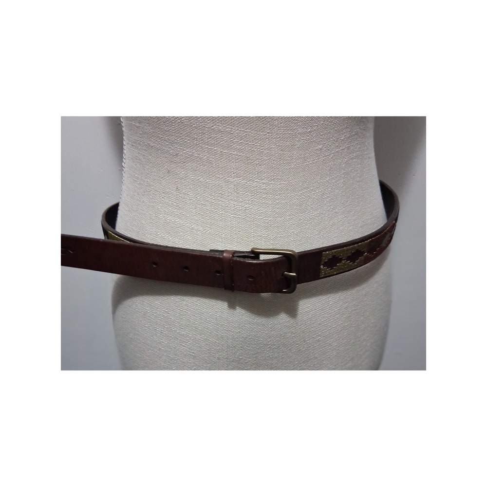 Hollister Brown Genuine Leather Embroidered Geometric Belt XS/S Brass Buckle
